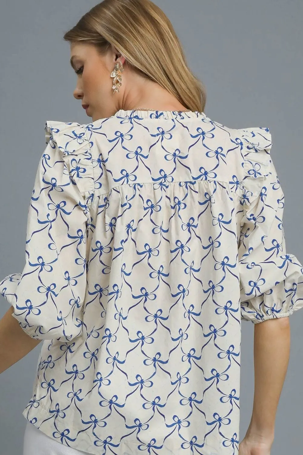 Ruffled Bow Print Notched Blouse, image 2