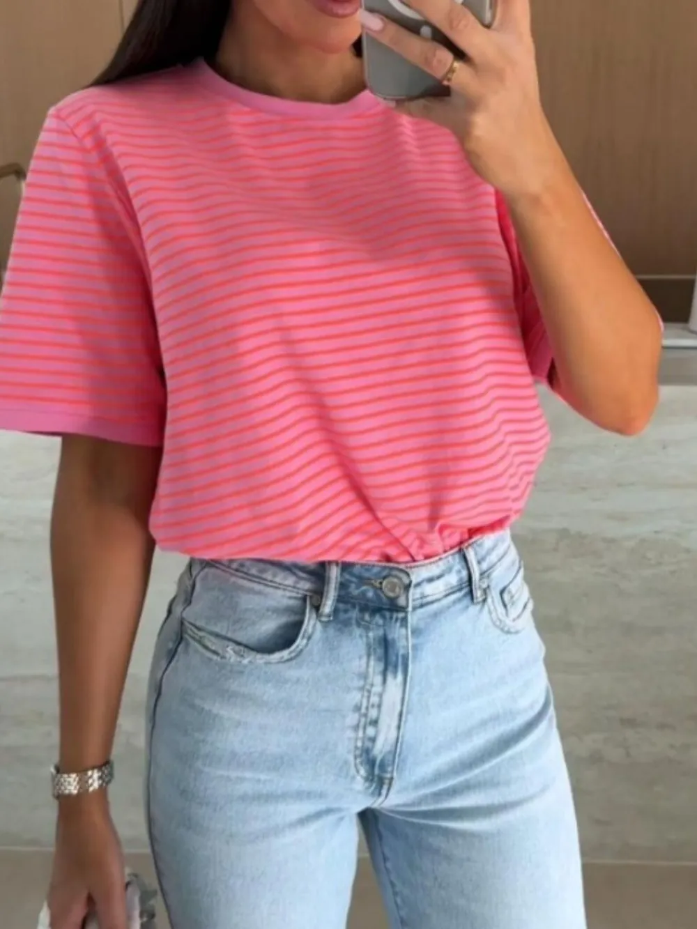 Striped Round Neck Short Sleeve T-Shirt, image 15