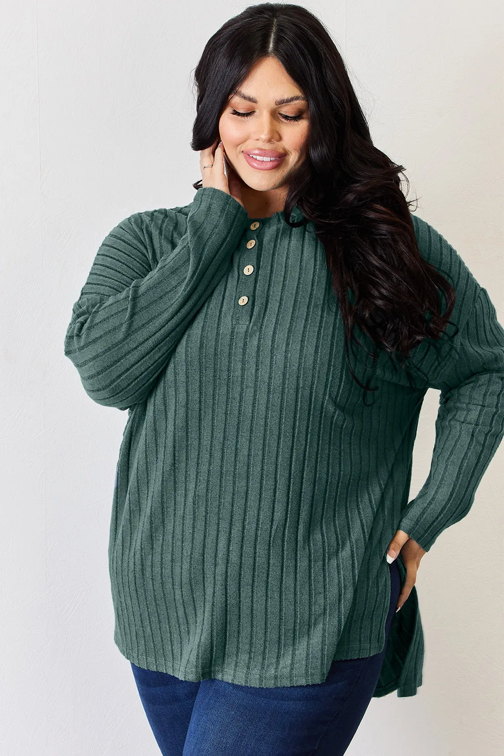 Full Size Ribbed Half Button Long Sleeve High-Low T-Shirt, image 25