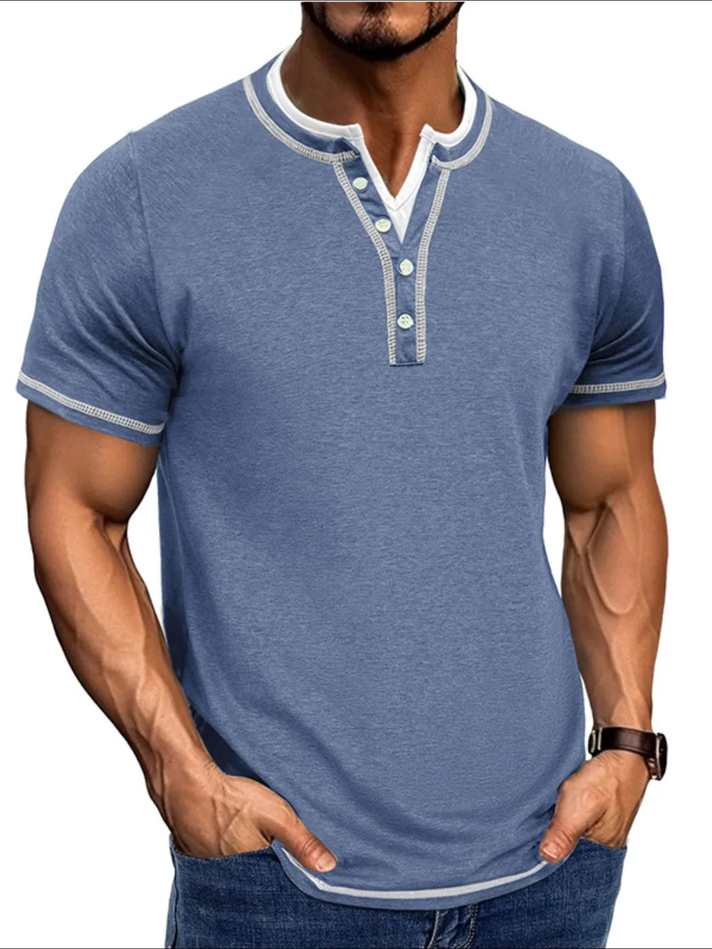 Men's Casual Henley Polo Shirt with Contrast Trim, image 11