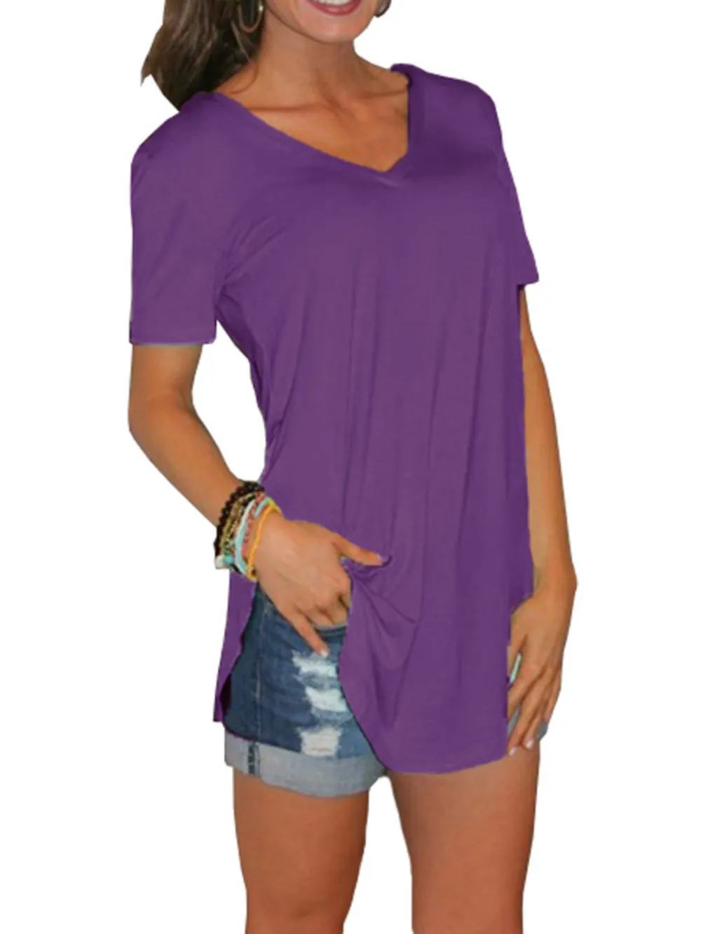 Full Size Solid V-Neck Short Sleeve T-Shirt Plus Size, image 28