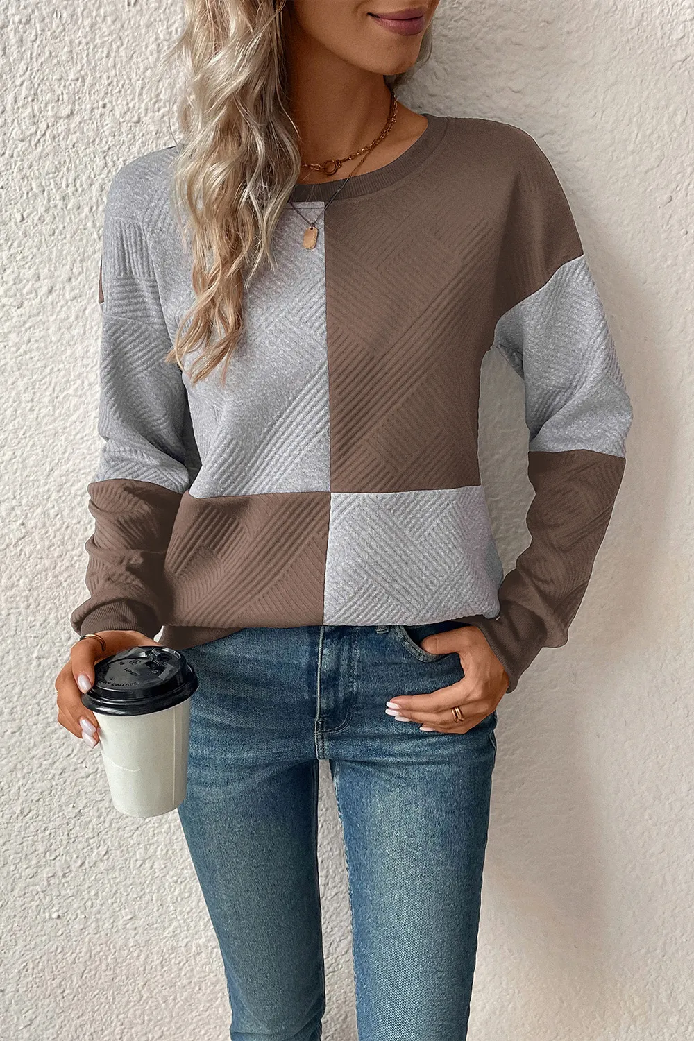 Textured Color Block Round Neck Sweatshirt, image 18