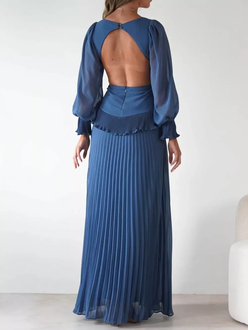 Backless Pleated Long Sleeve Maxi Dress, image 9