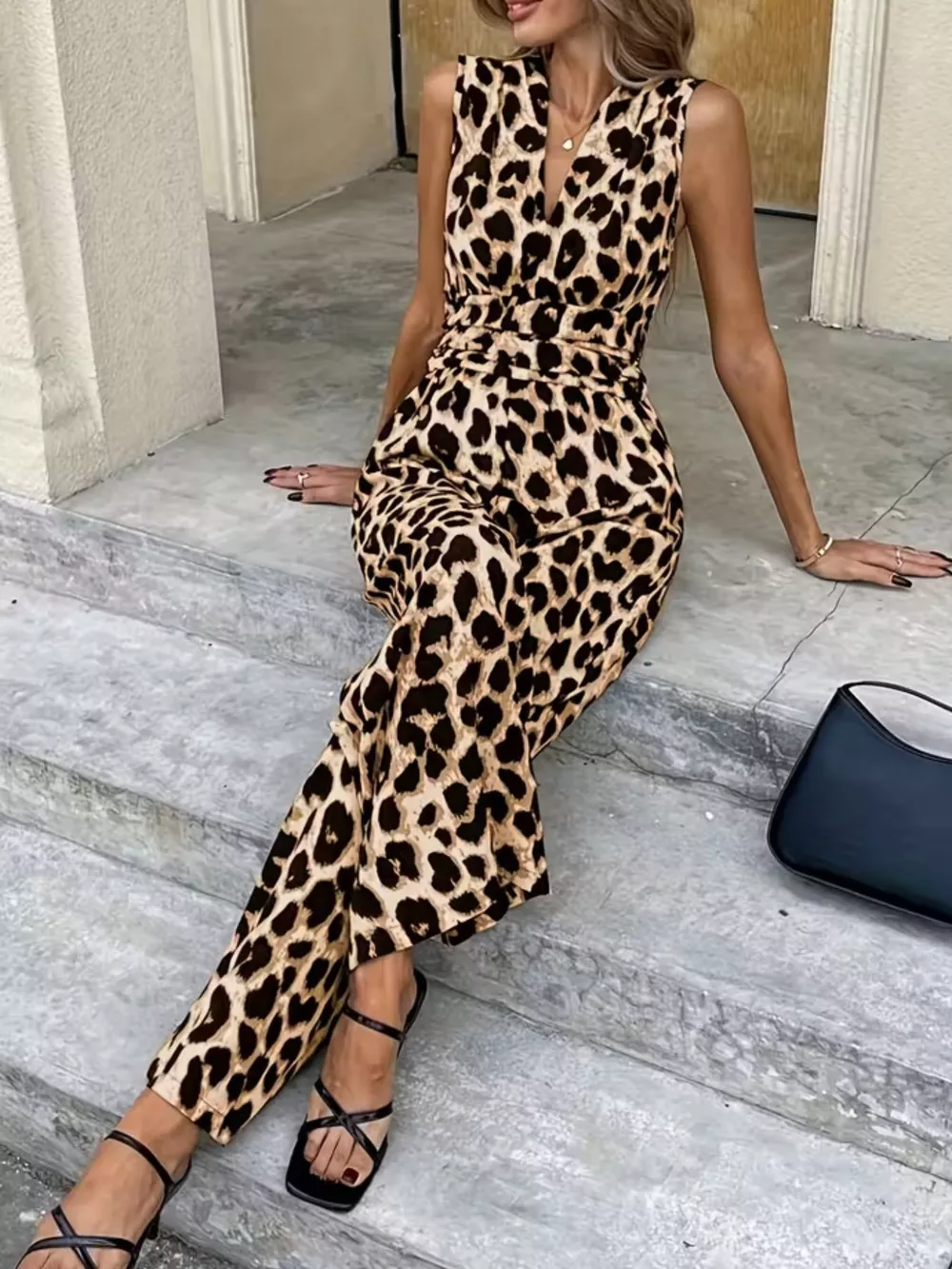 Sleeveless V-Neck Leopard Print Wide Leg Jumpsuit, image 18