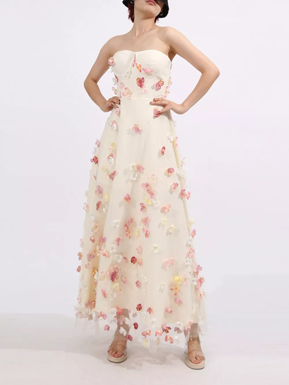 Floral Applique Strapless Tulle Maxi Dress, image 9