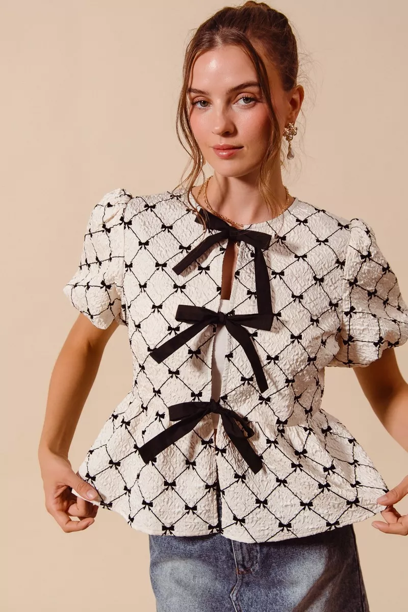 Bow Texture Woven Peplum Top With Contrast Tie, image 6