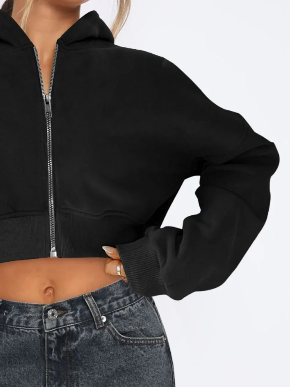 Zip Up Long Sleeve Hooded Cropped Jacket, image 6