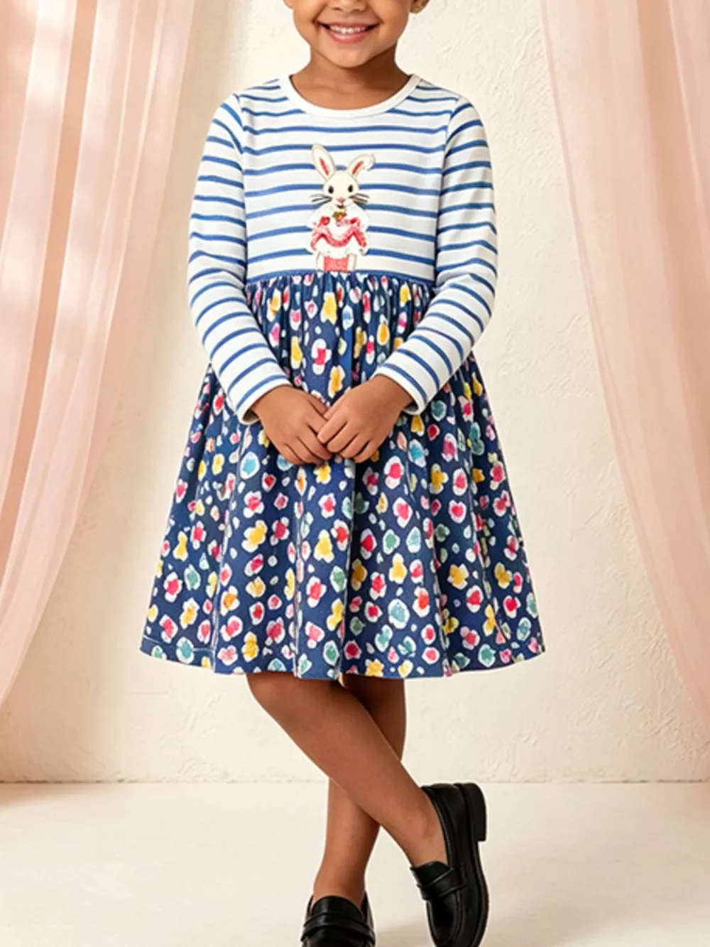 Children's Bunny Graphic Striped Floral Print Dress, image 4