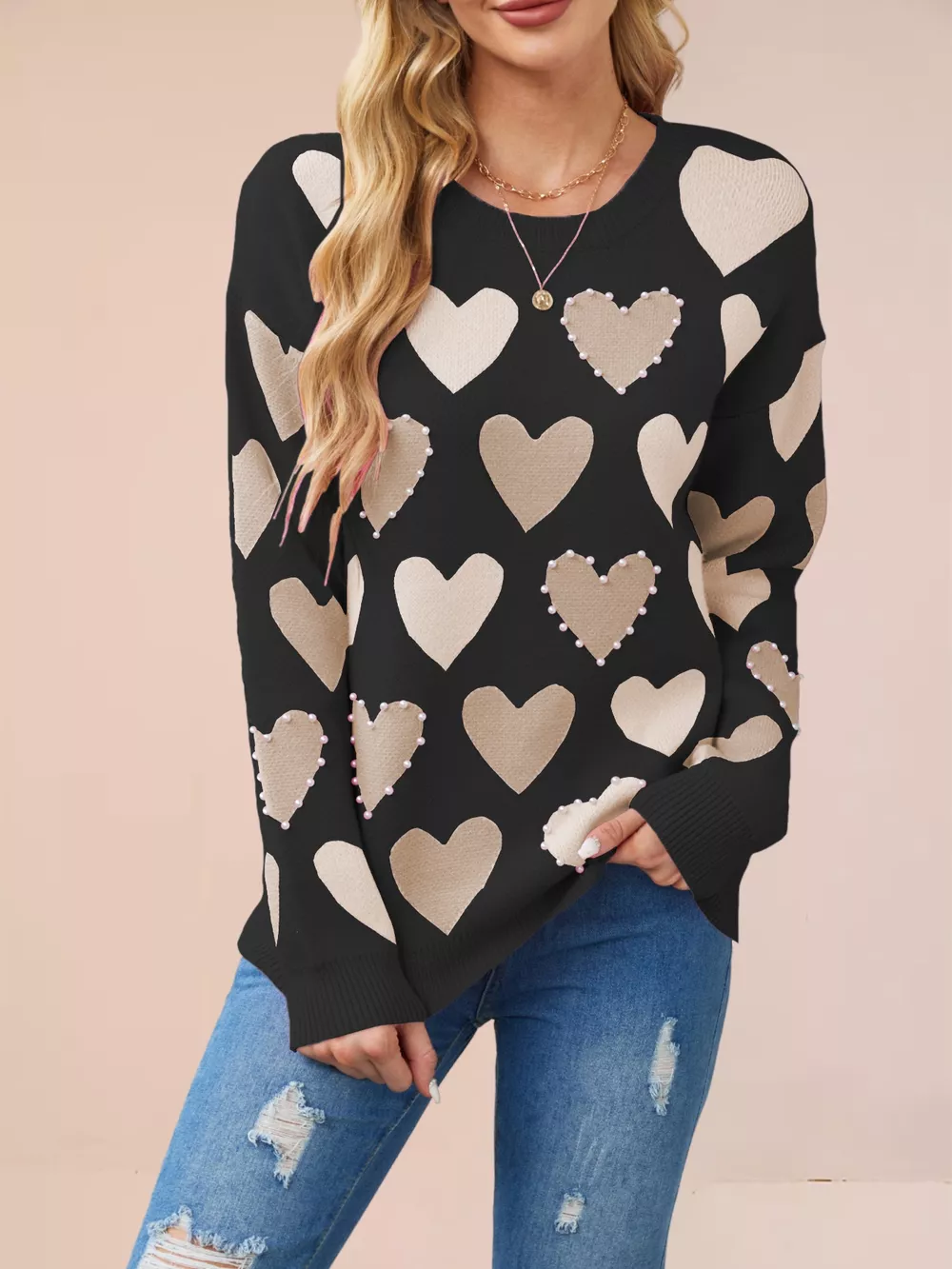 Heart Pattern Beaded Round Neck Sweater, image 11