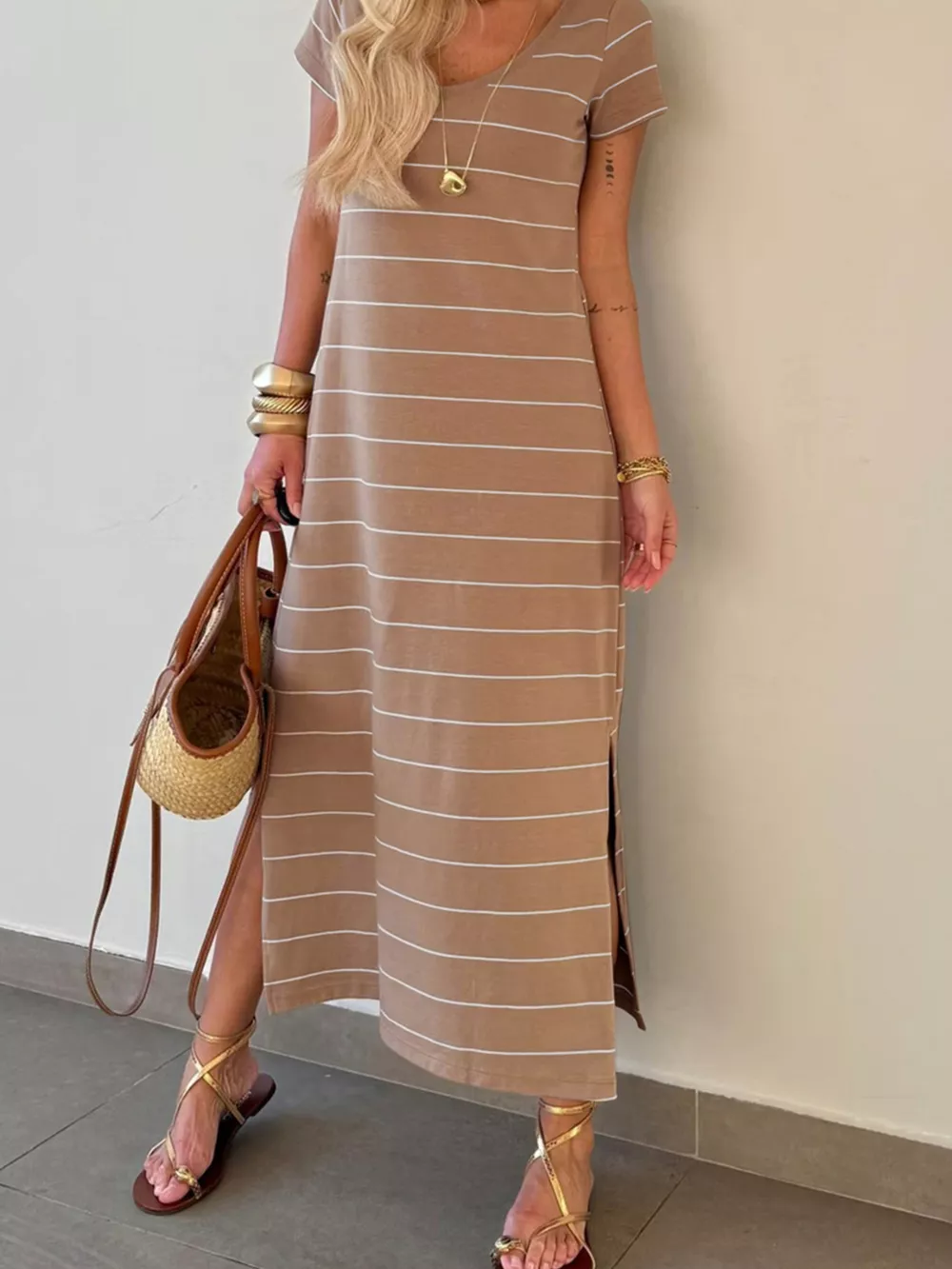 Stripe Short Sleeve Side Slit Maxi T Shirt Dress, image 4