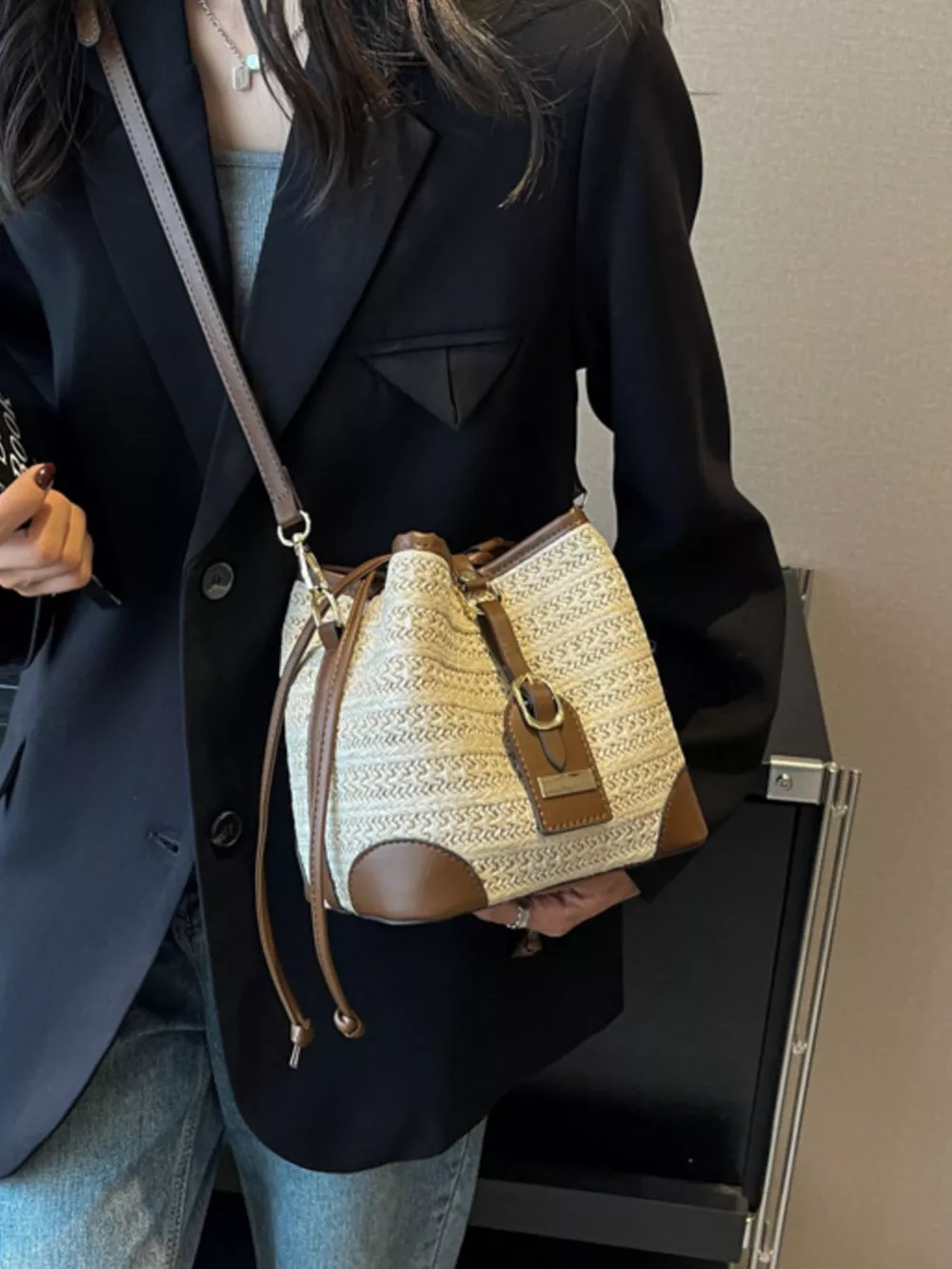 Woven Straw Bucket Crossbody Bag, image 2
