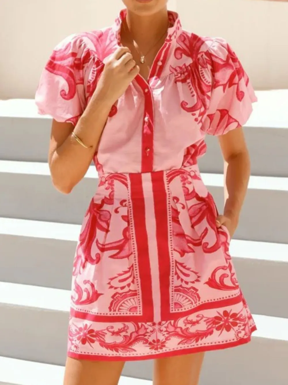 Puff Sleeve Printed Top and Zip Back Skirt Set, image 15