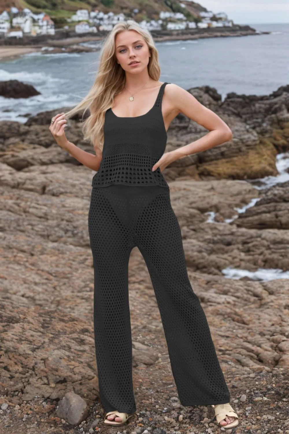 Hollow Out Round Neck Top and Pants Sweater Cover Up Set, image 15