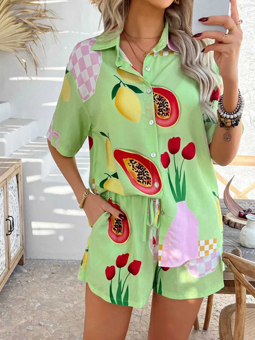 Printed Button Down Shirt and Shorts Set, image 25