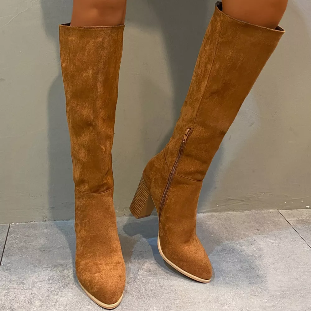 Point Toe Knee-High Suede Block Heel Boots, image 13