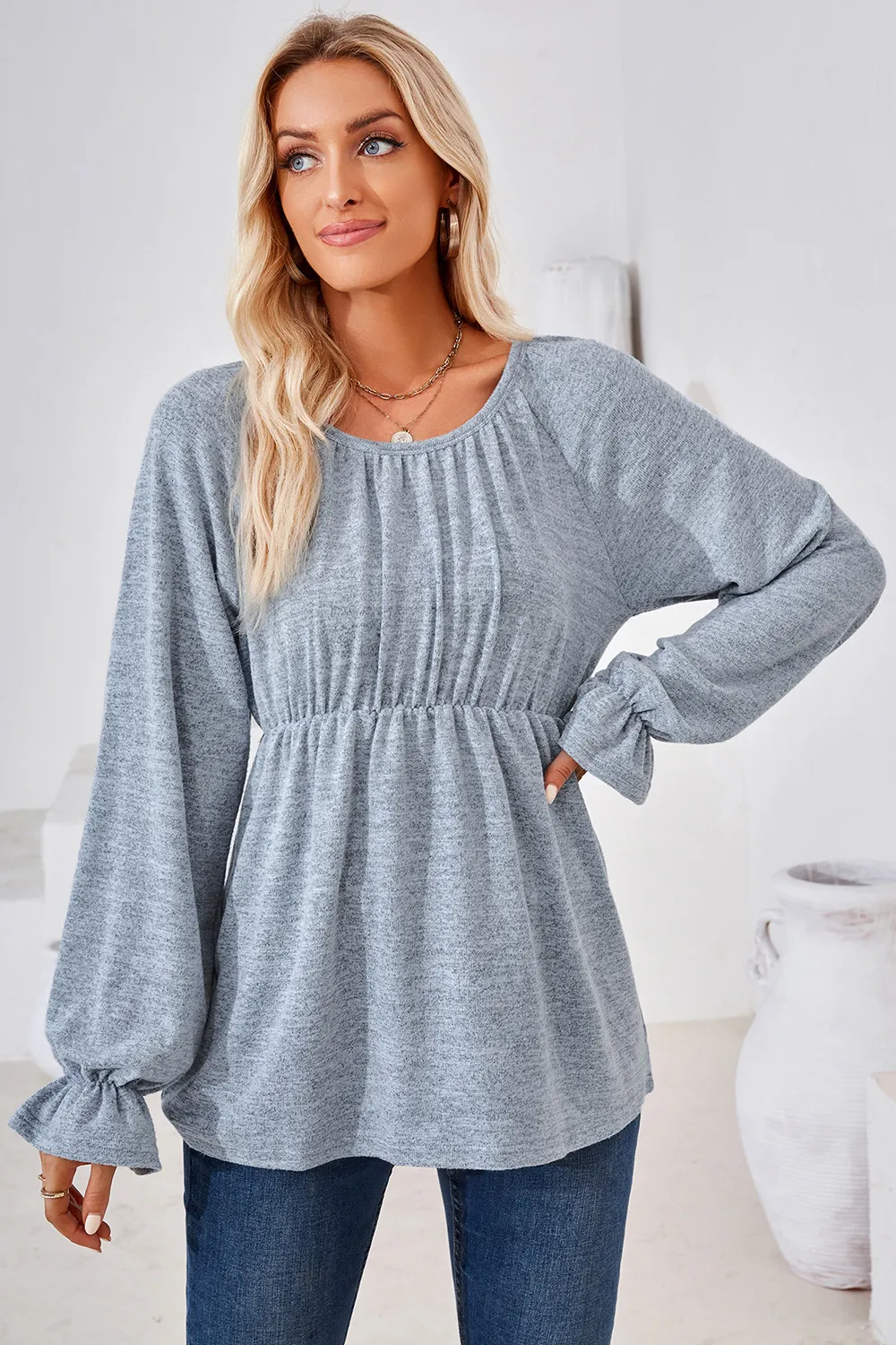 Ruched Round Neck Flounce Sleeve Blouse, image 18