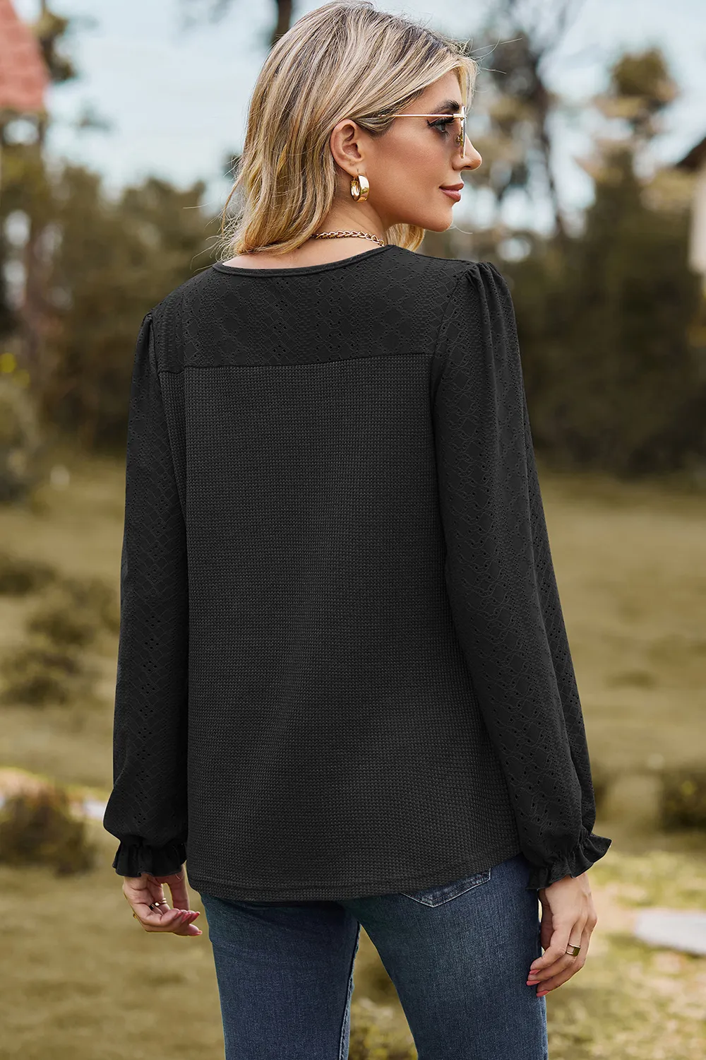 Eyelet Round Neck Flounce Sleeve T-Shirt, image 15