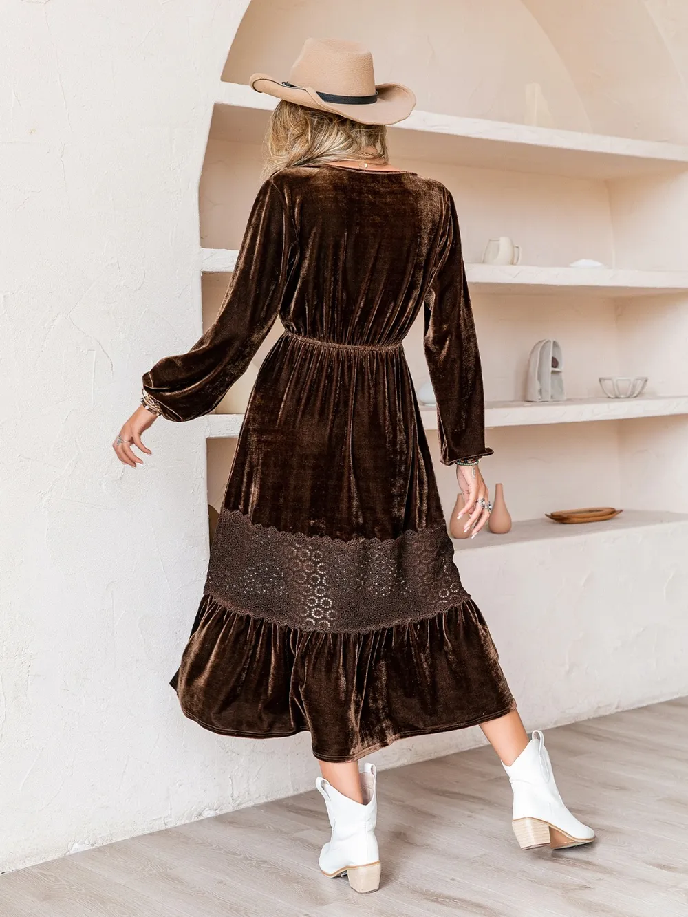 Drawstring V-Neck Crochet Dress, image 6