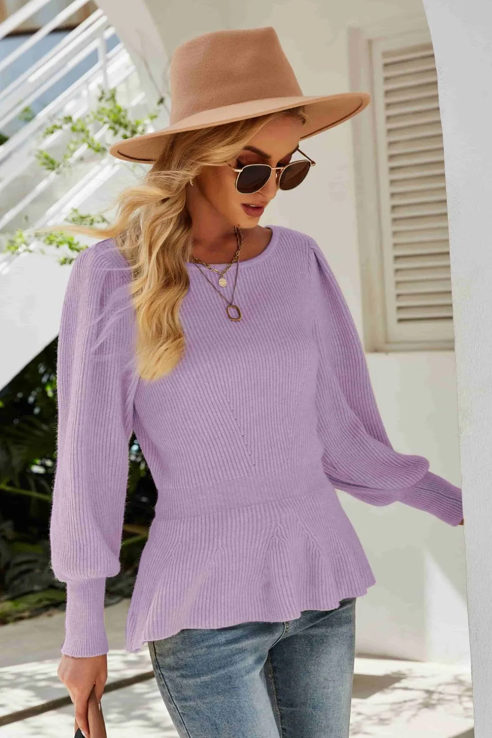 Ribbed Round Neck Lantern Sleeve Sweater, image 9