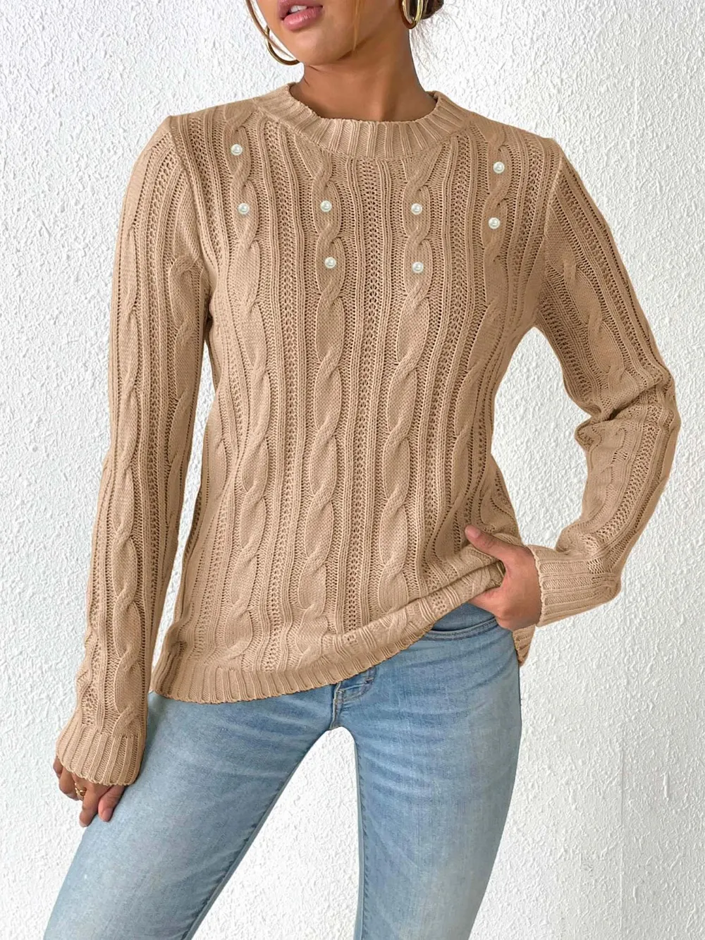 Cable-Knit Round Neck Long Sleeve Sweater, image 2