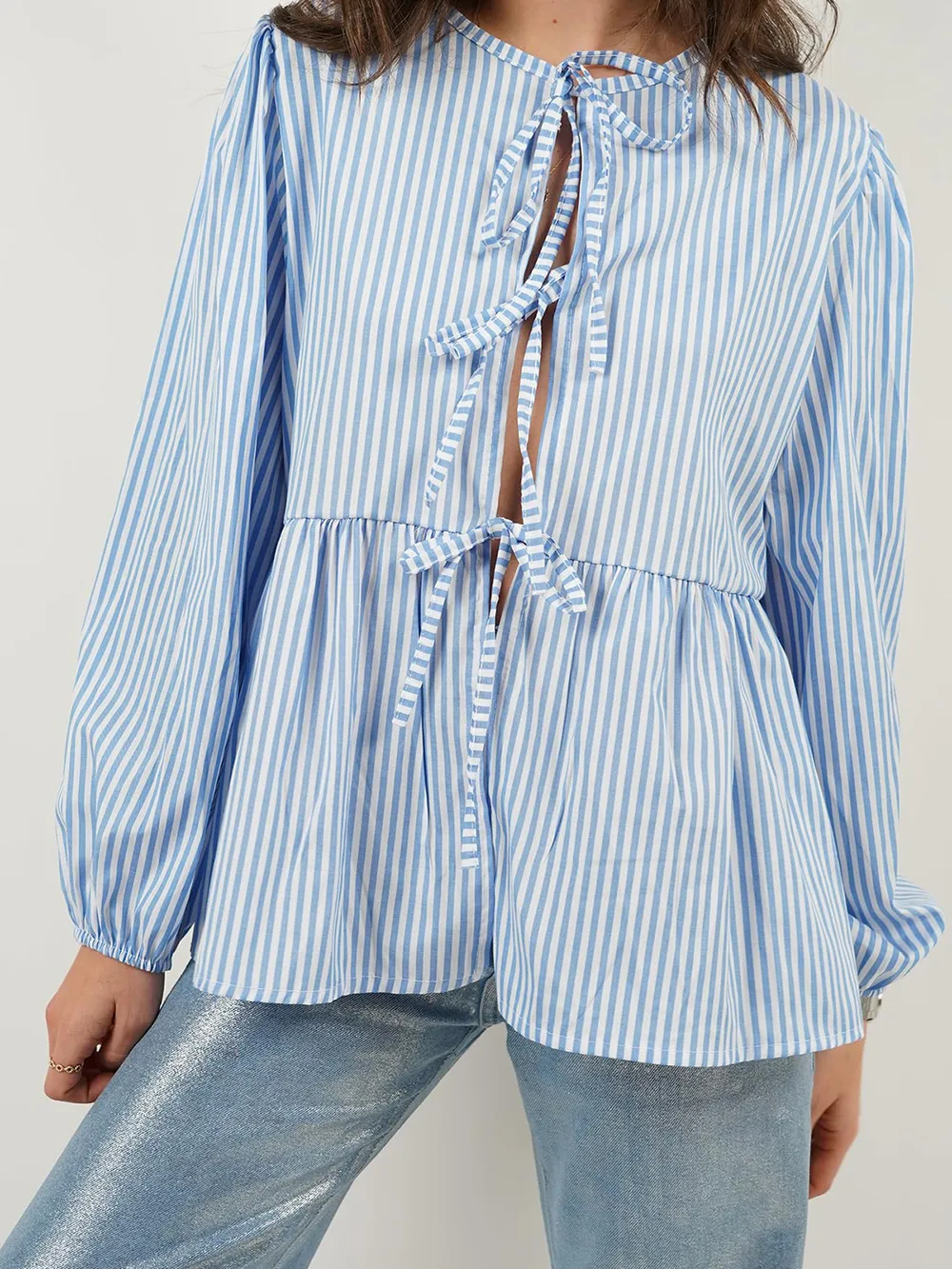 Tied Round Neck Long Sleeve Blouse, image 20