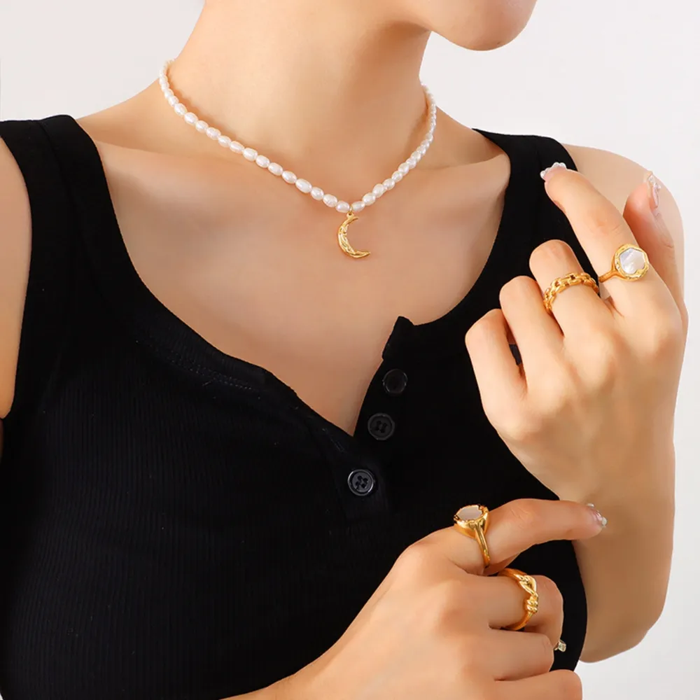 Pearl Titanium Steel Moon Shape Pendant Necklace, image 6