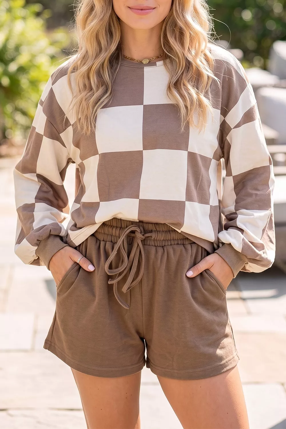 Checkerboard Plaid Long Sleeve Solid Color Shorts 2pcs Set, image 2