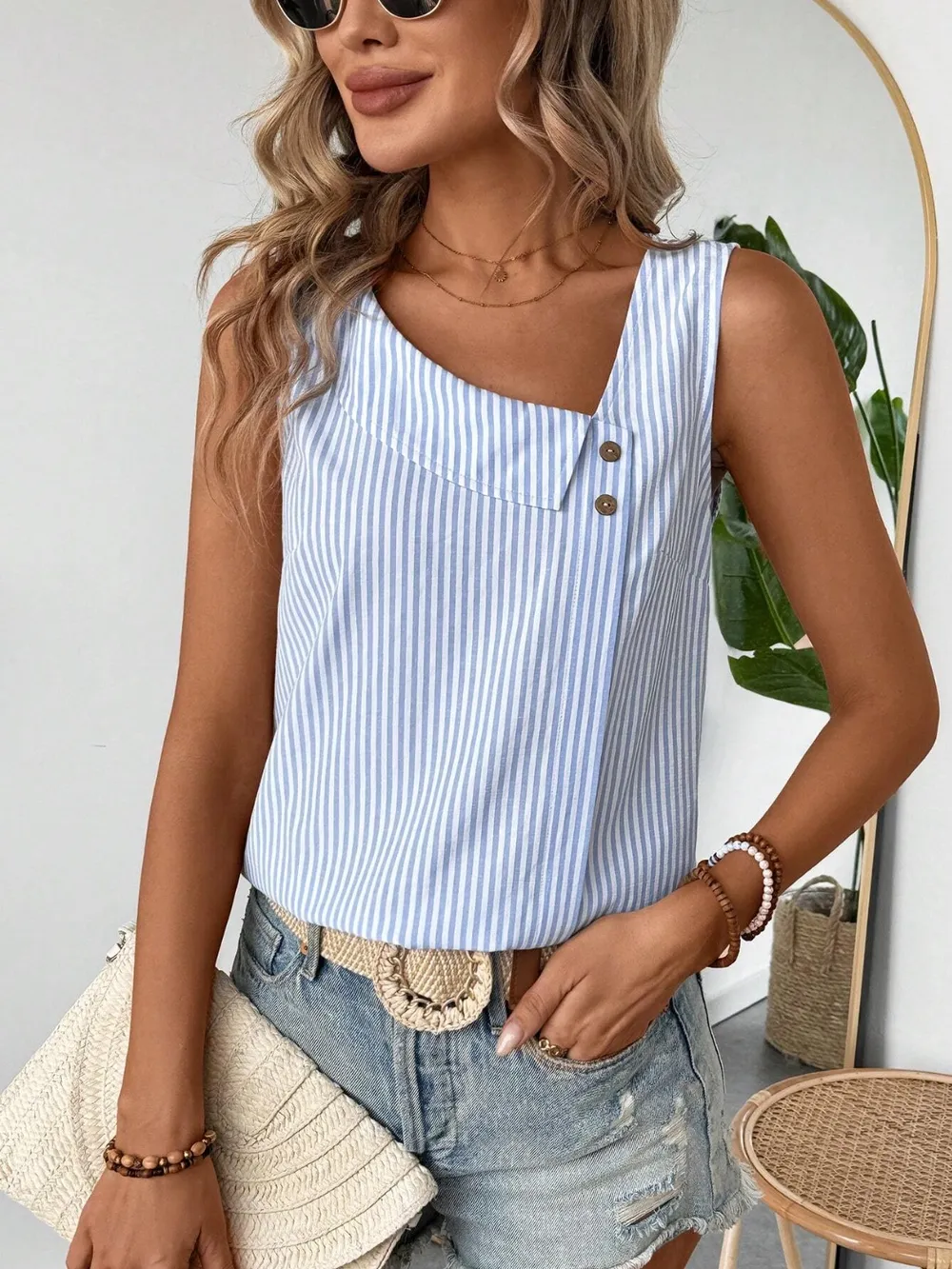 Decorative Button Asymmetrical Striped Tank, image 11