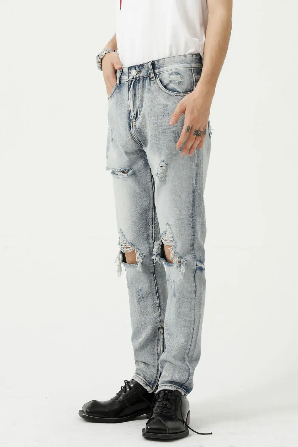 Distressed Side Zip Jeans with Pockets, image 2