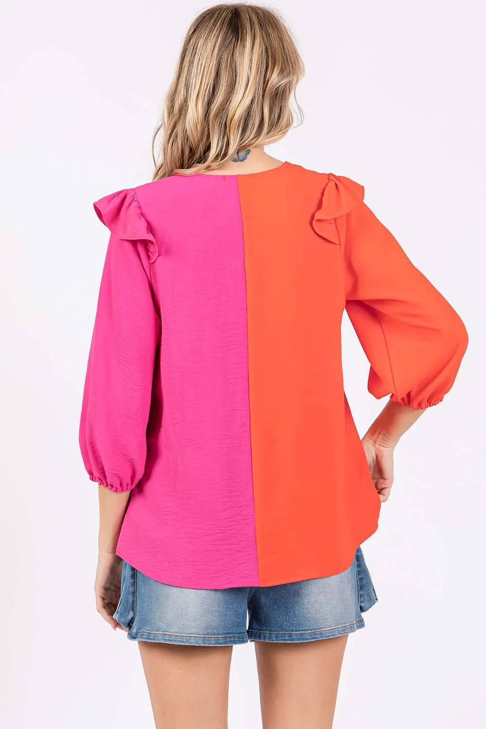 Full Size Ruffle Trim Contrast Blouse, image 2