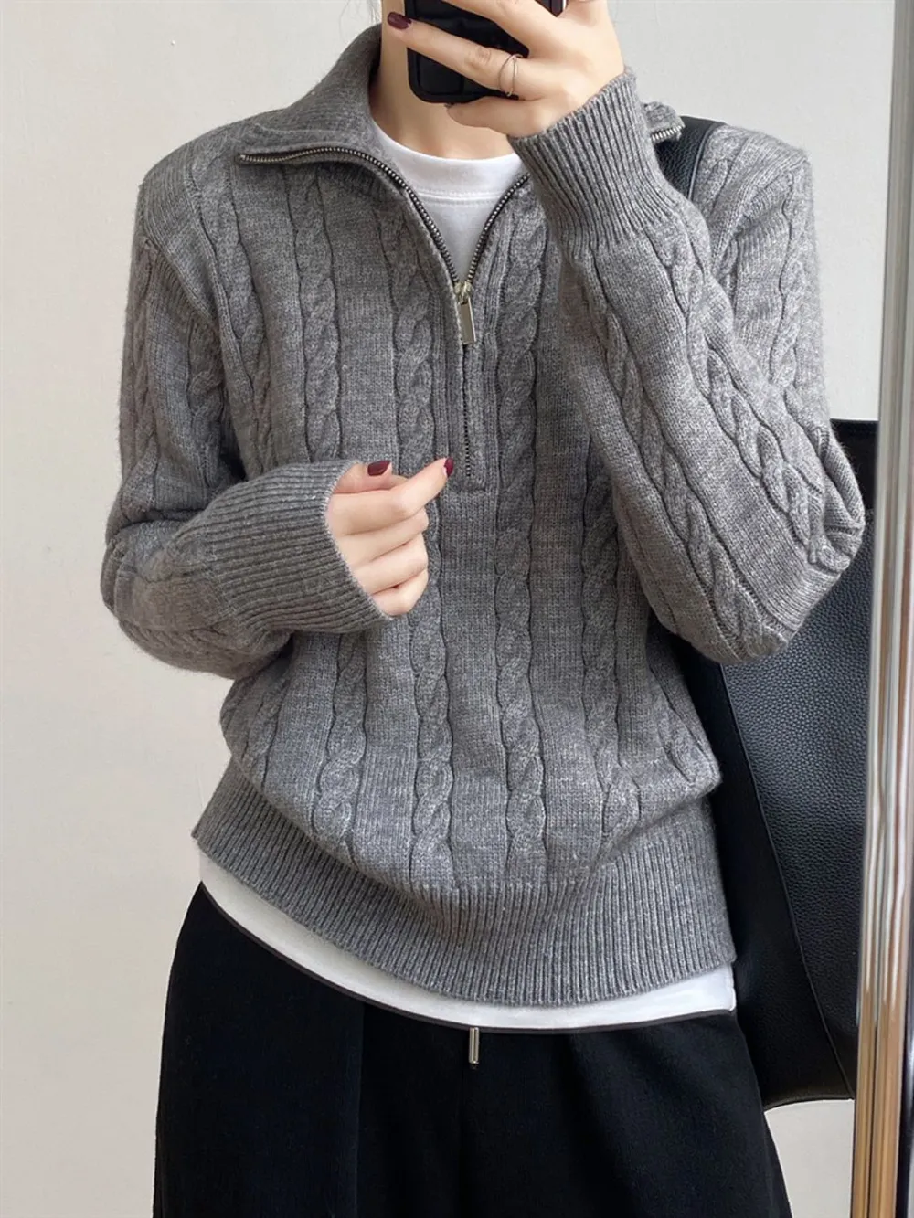 Cable-Knit Half Zip Long Sleeve Sweater, image 3