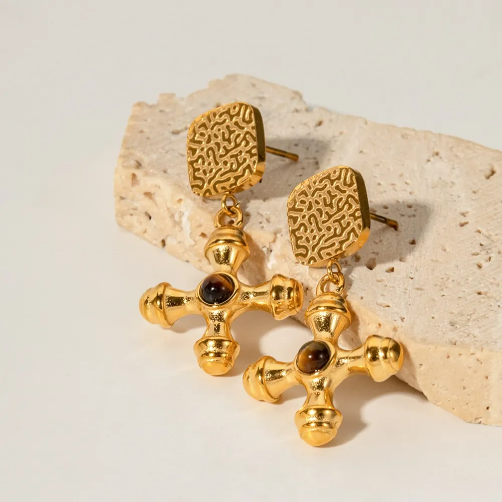 Gold-Plated Stainless Steel Cross Shape Earrings, image 6