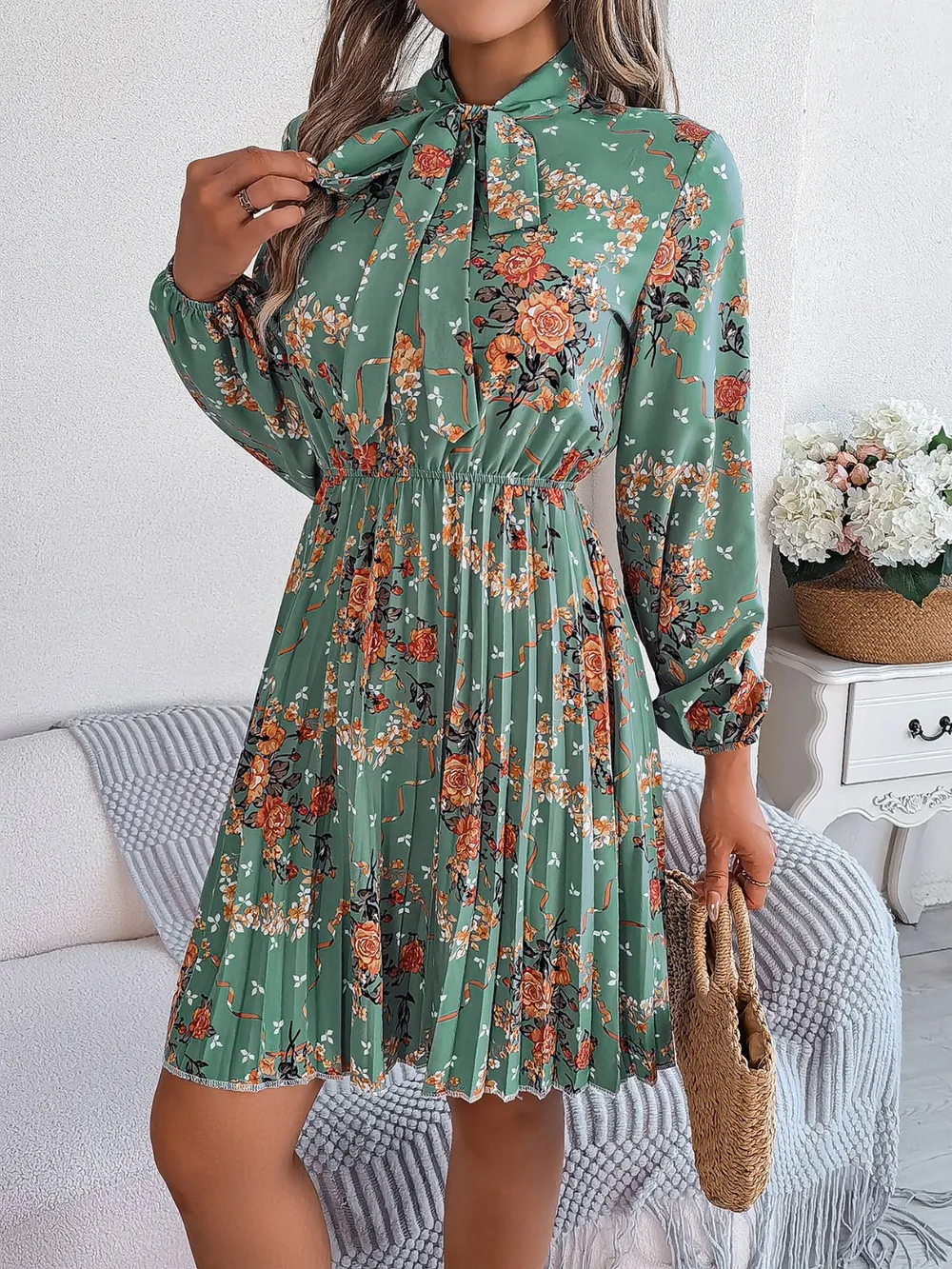 Pleated Printed Tie Neck Long Sleeve Dress, image 9