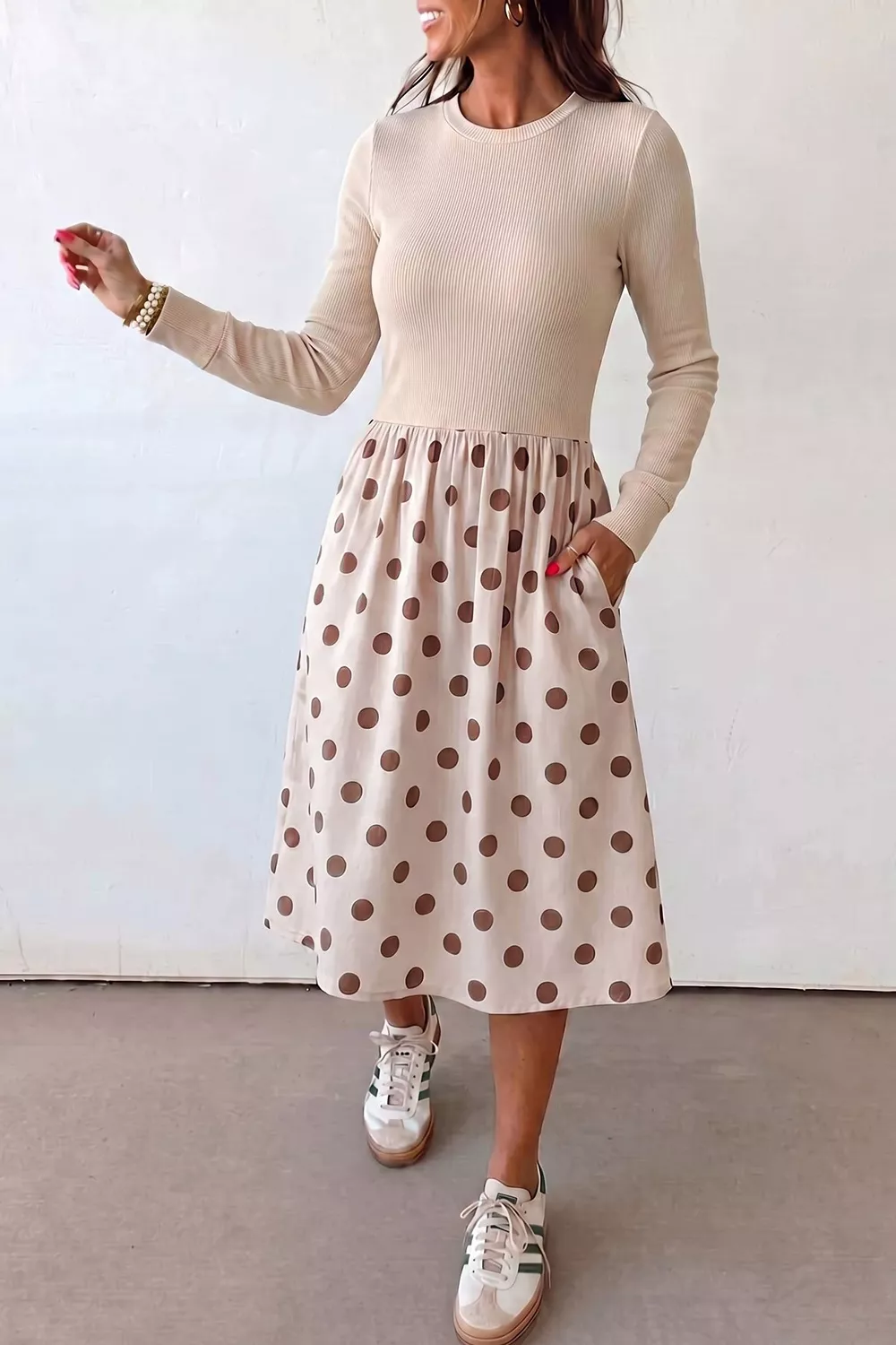 Polka Dot Midi Long Sleeve Dress, image 2