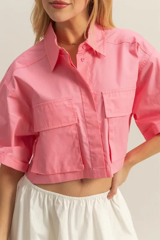 Front Pockets Poplin Collared Neck Crop Shirt, image 4
