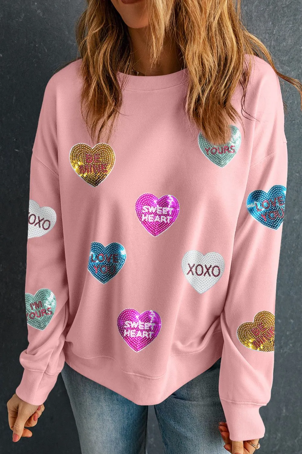 Valentine’s Day Sequin Heart Round Neck Long Sleeve Sweatshirt, image 2