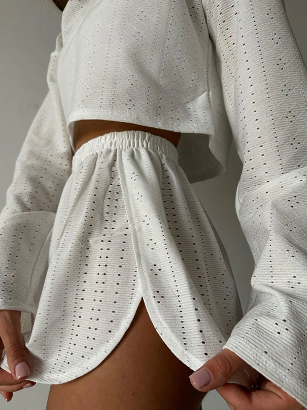 Eyelet Round Neck Top and Shorts Set, image 14