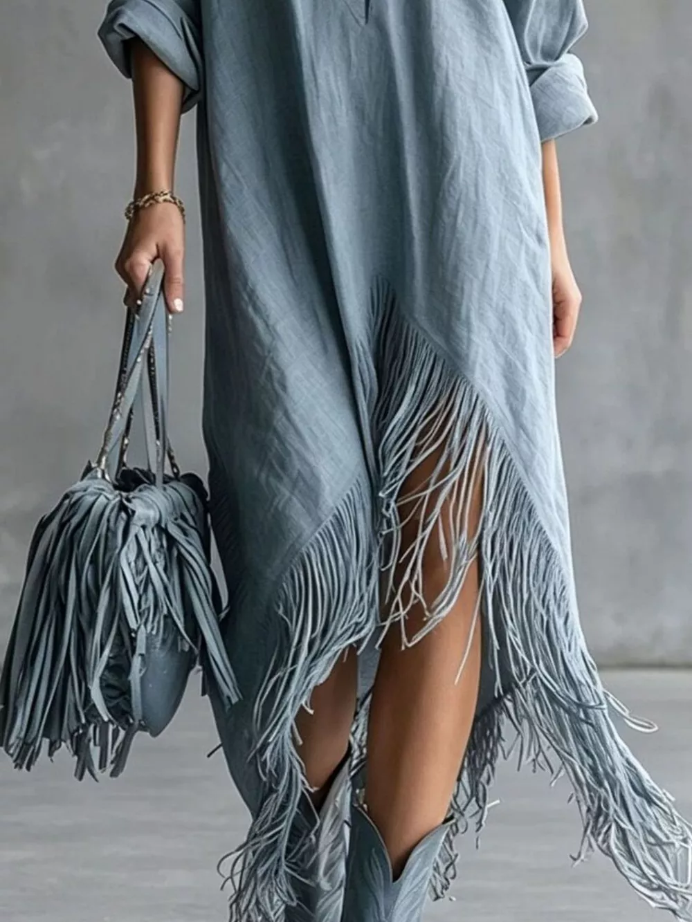 Zipper-Front Fringe Hem Midi Dress, image 18