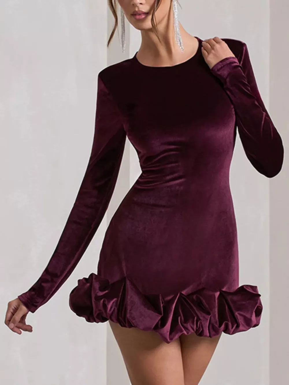 Velvet Ruched Hem Long Sleeve Dress, image 7