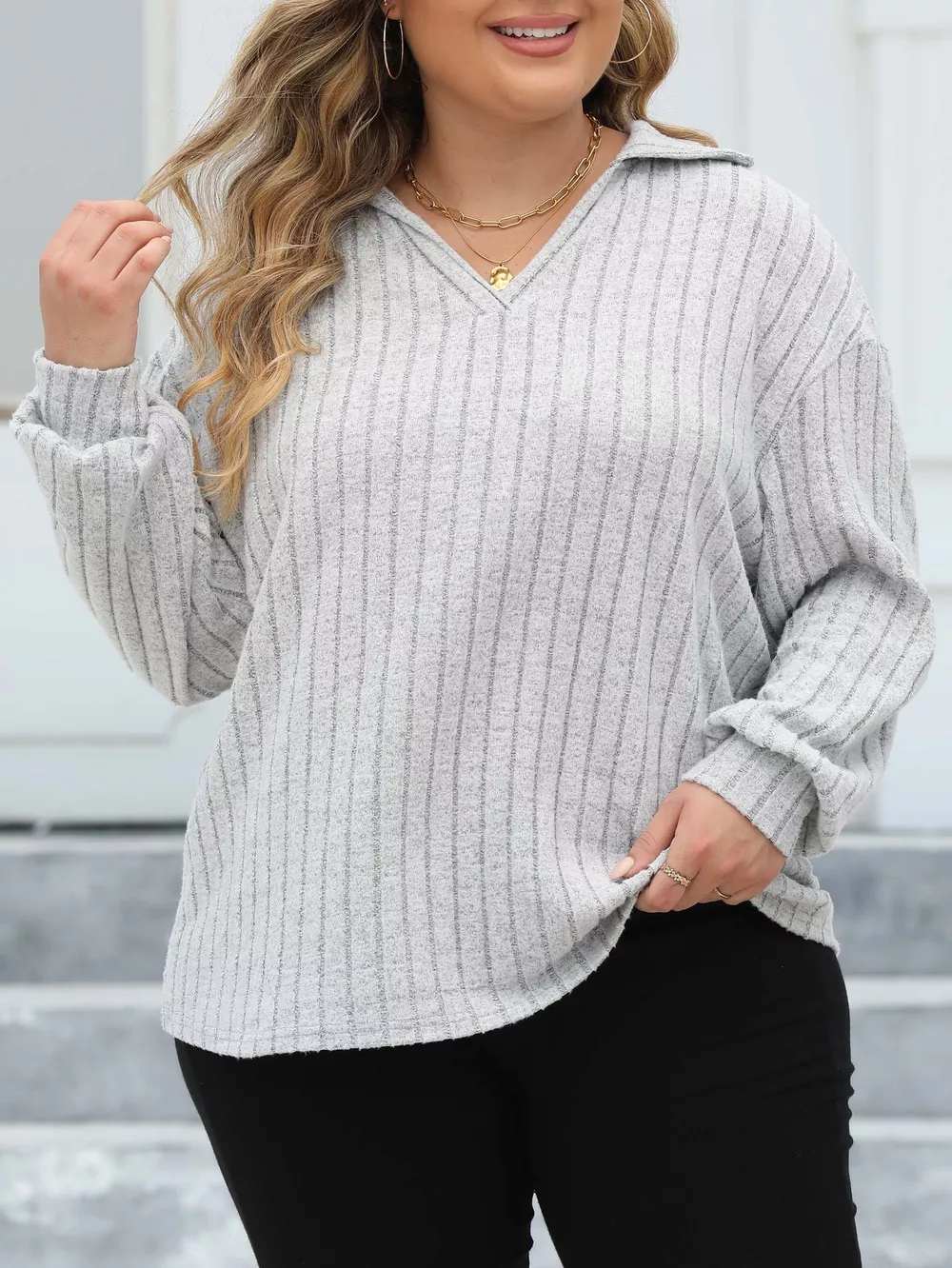 Plus Size Ribbed Knit Polo Collar T-Shirt, image 6