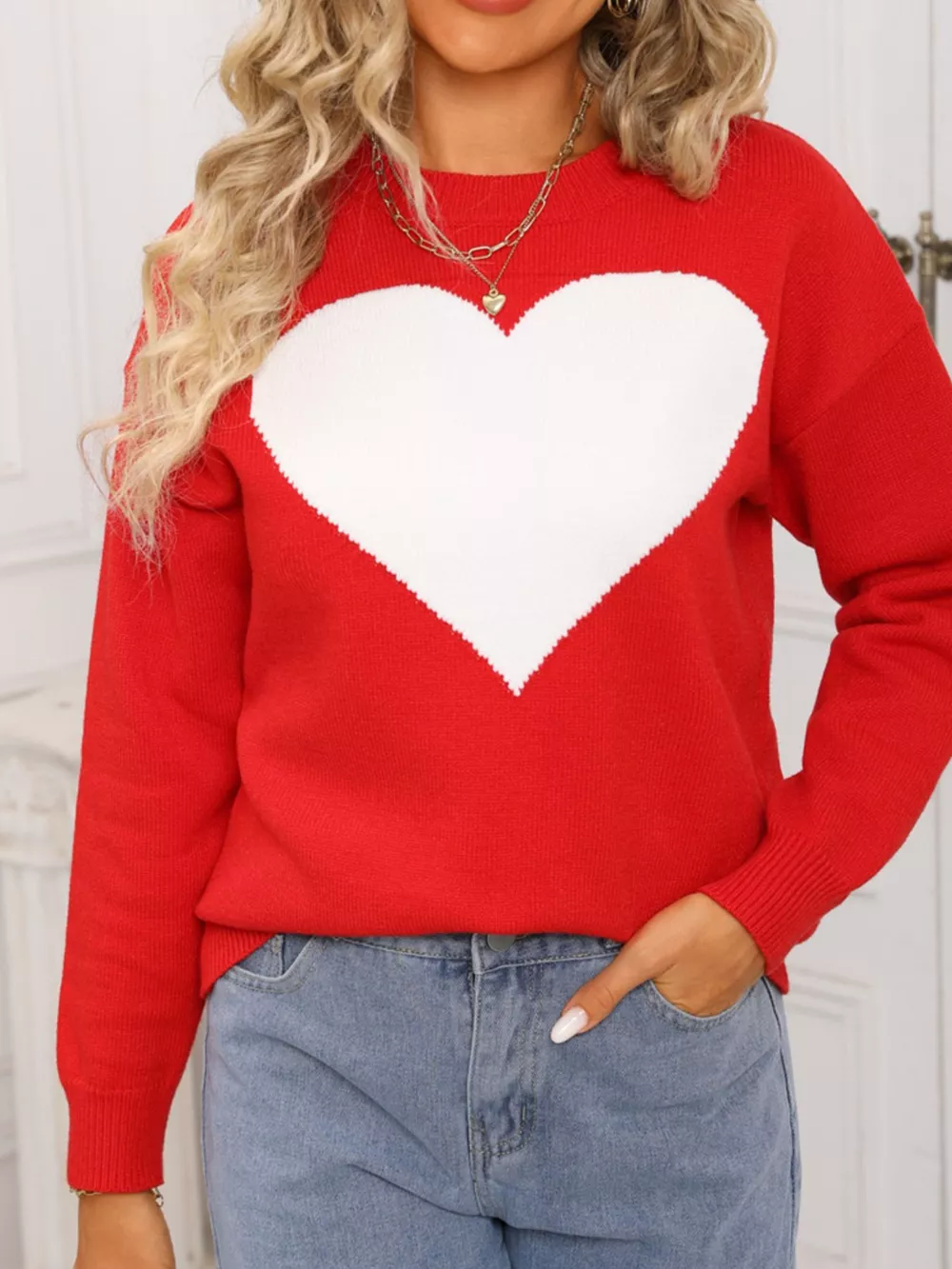 Valentine's Day Heart Round Neck Dropped Shoulder Sweater, image 10