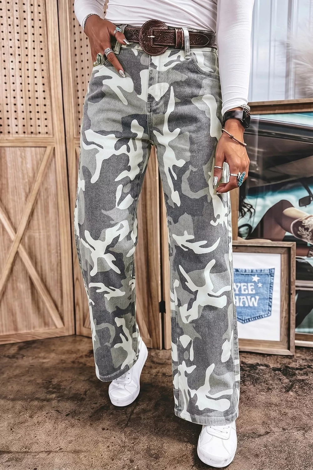 Camo Pattern Cotton Denim Shift Jeans, image 3