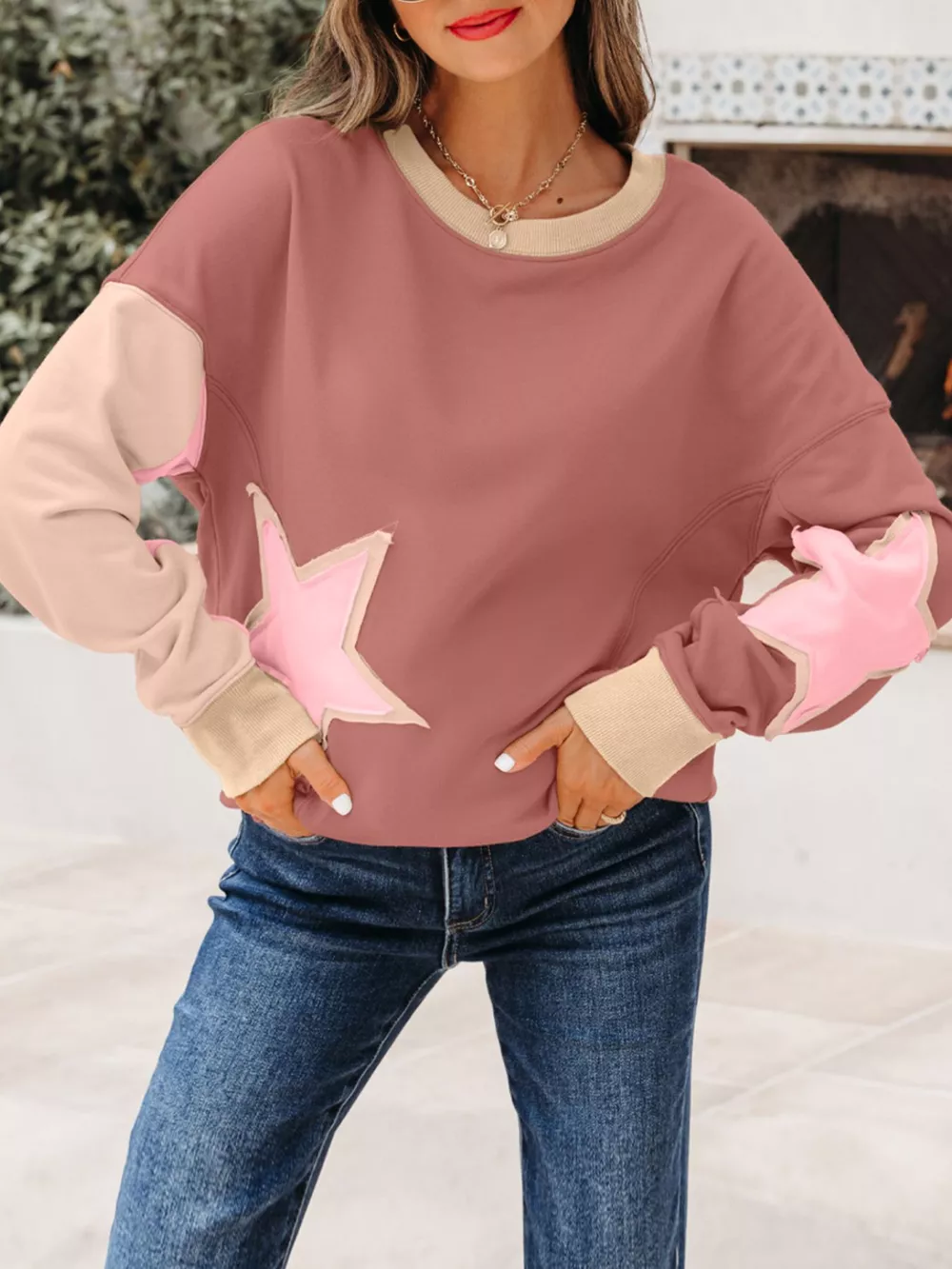 Contrast Star Patchwork Exposed Seam Uneven Hem Drop Shoulder Sweatshirt
