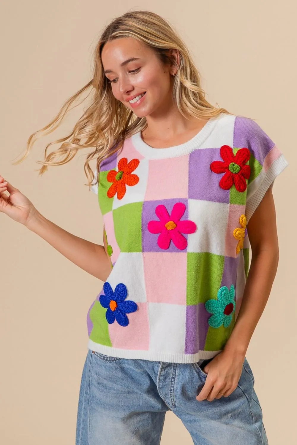 Flower Patch Checkered Sweater Vest, image 2