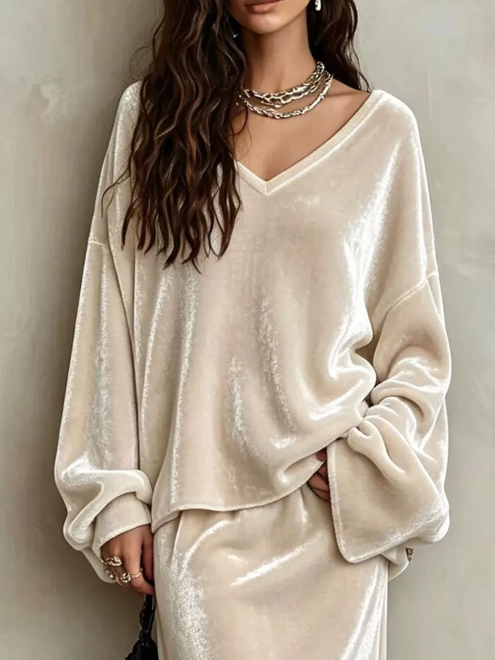 V-Neck Velvet Long Sleeve Top and Maxi Skirt Two-Piece Set, image 2