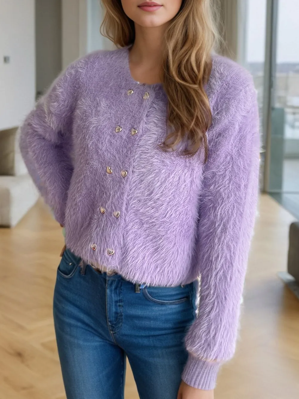 Heart Button Round Neck Cardigan, image 8