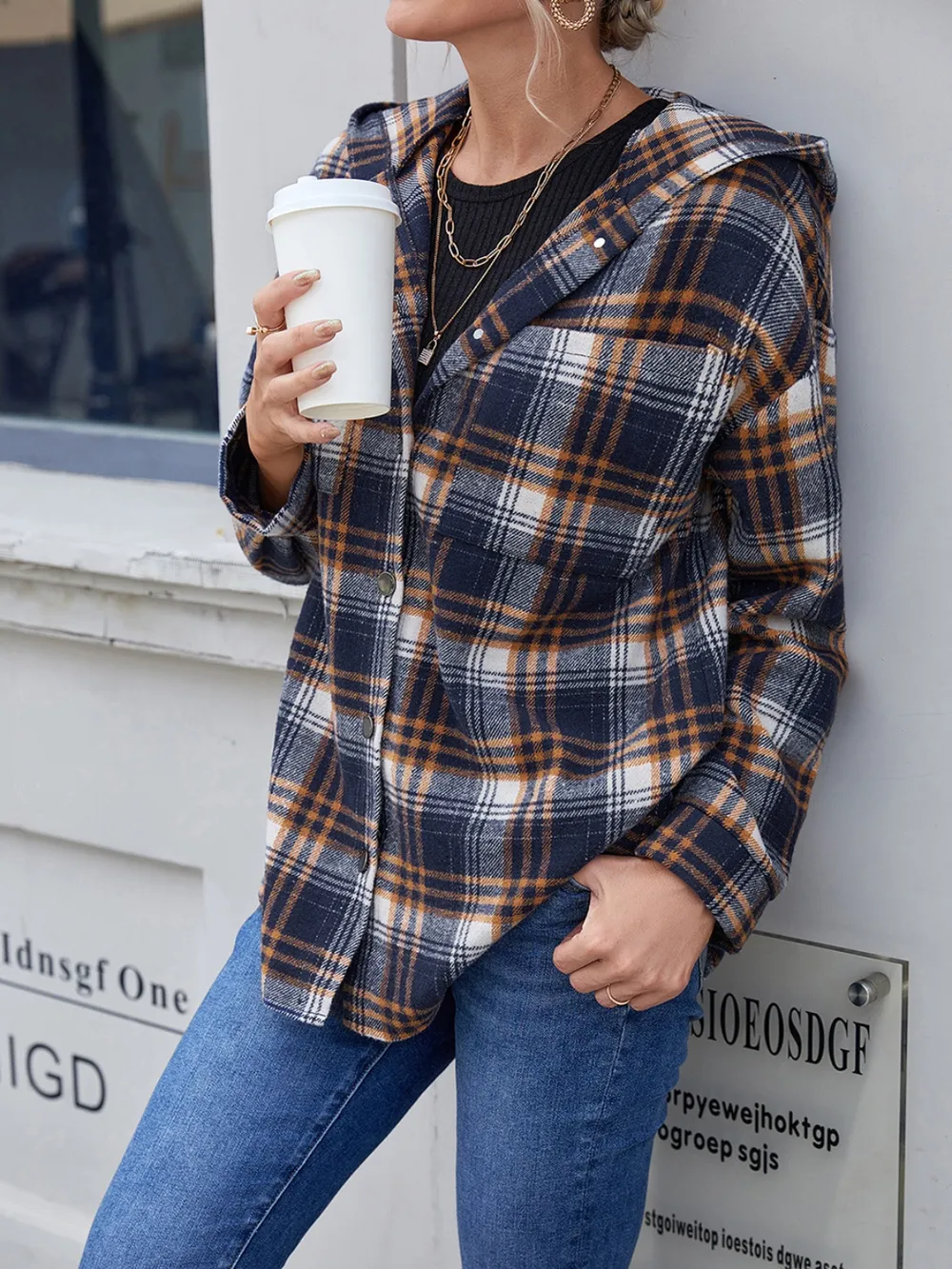 Plaid Button Up Long Sleeve Hooded Jacket, image 6