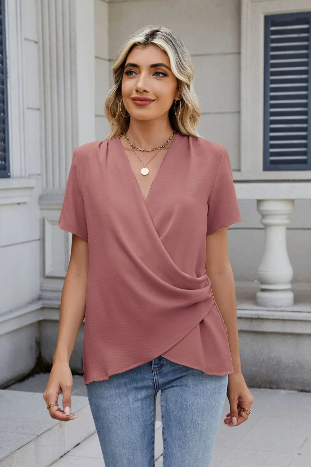 Solid Color Surplice Short Sleeve Blouse, image 3