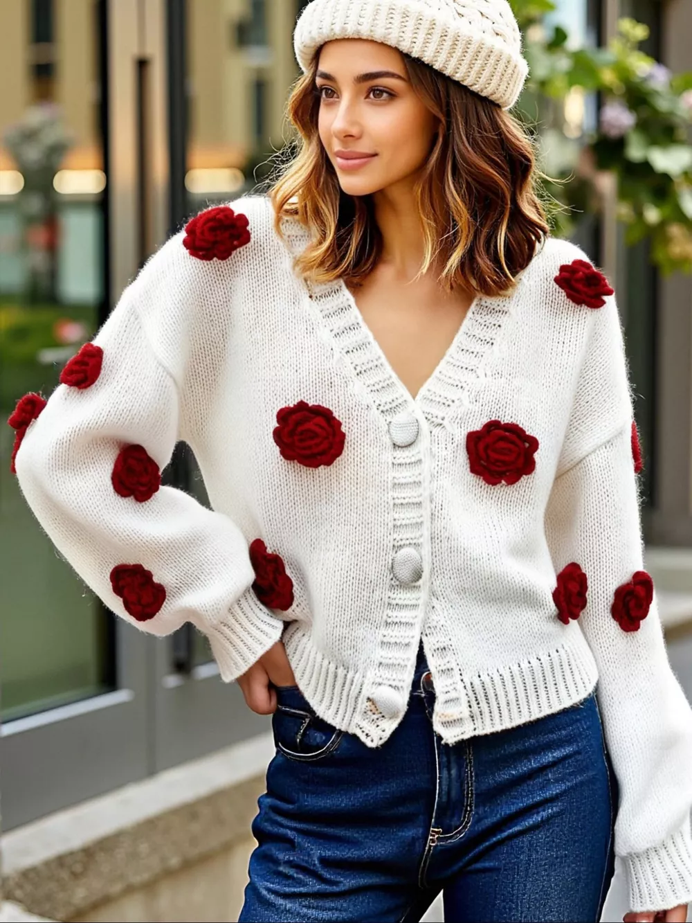 Rose Embellished V-Neck Cardigan, image 15