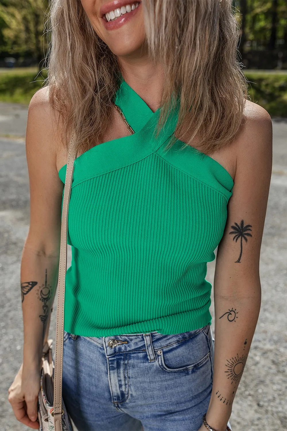 Ribbed Criss Cross Halter Neck Sheath Sweater Tank Top, image 9